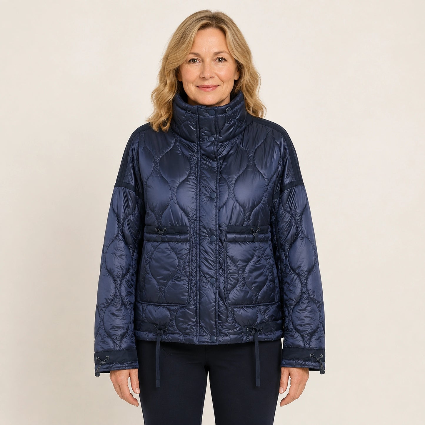 quilted jacket — Navy Blue drawstring high neck quilted coat front view on a model — view 5