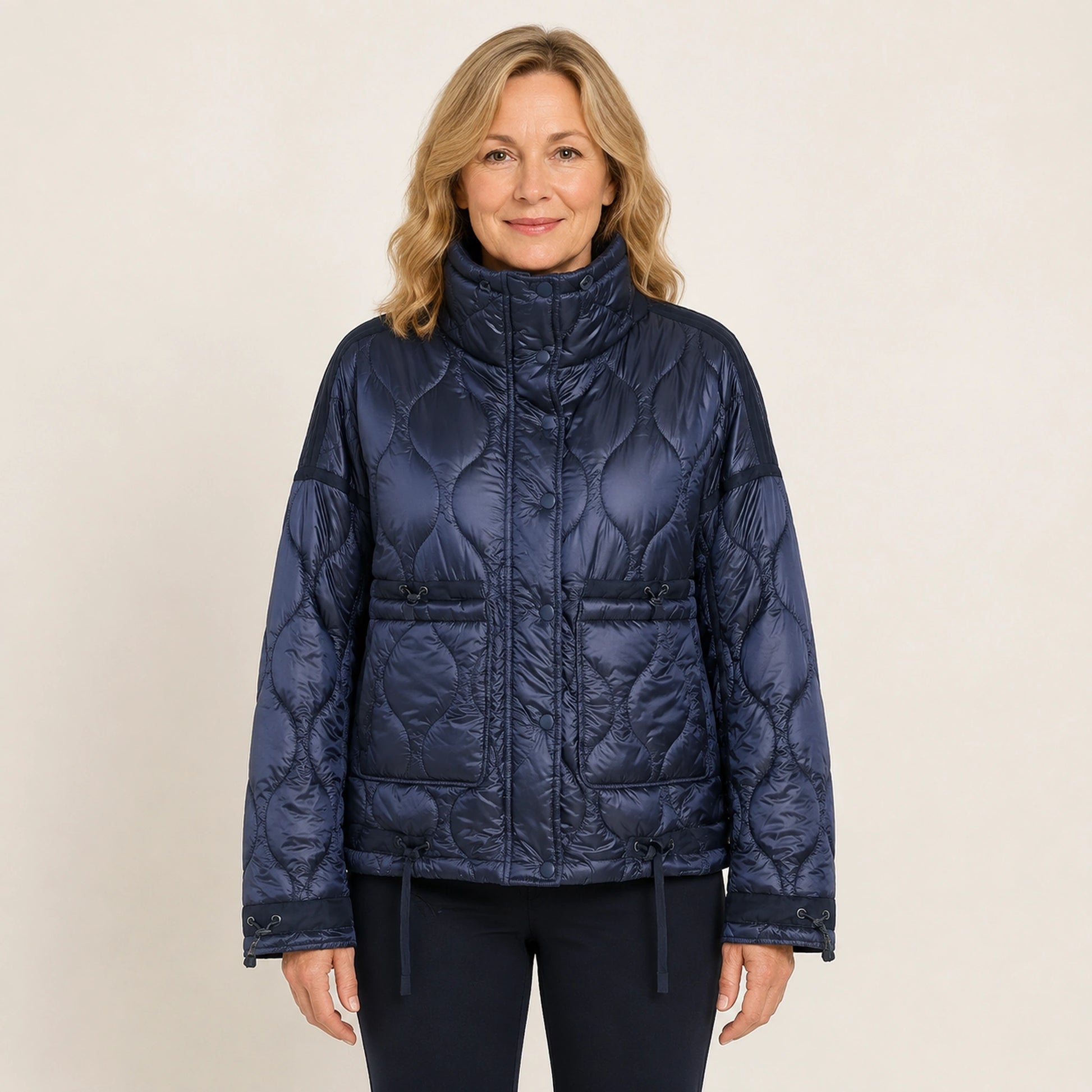 quilted jacket — Navy Blue drawstring high neck quilted coat front view on a model — view 5