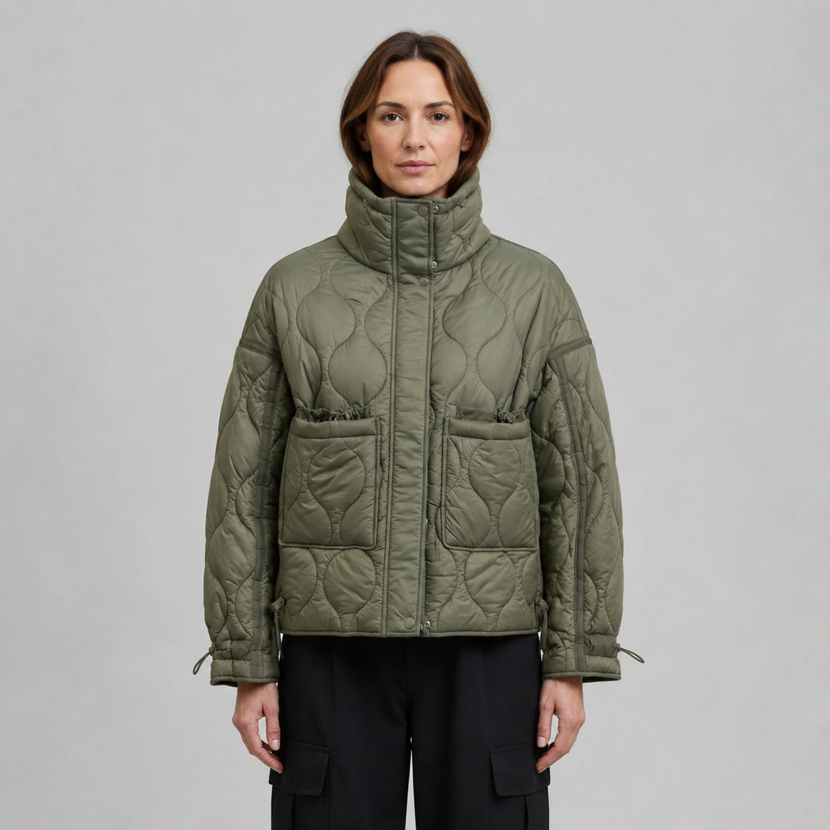 quilted jacket — Army Green drawstring high neck quilted coat front view on a model — view 6