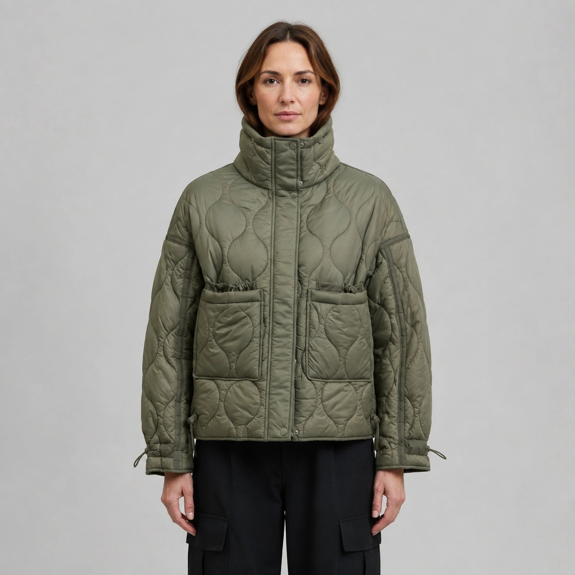 quilted jacket — Army Green drawstring high neck quilted coat front view on a model — view 6