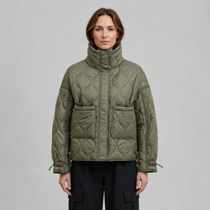 quilted jacket — Army Green drawstring high neck quilted coat front view on a model — view 6