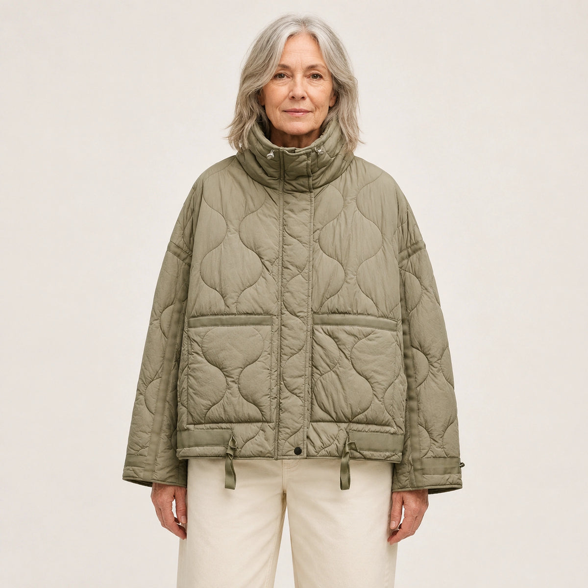 quilted jacket — Khaki drawstring high neck quilted coat front view on a model — view 7
