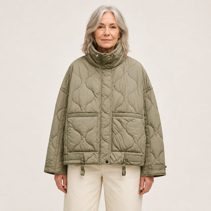 quilted jacket — Khaki drawstring high neck quilted coat front view on a model — view 7