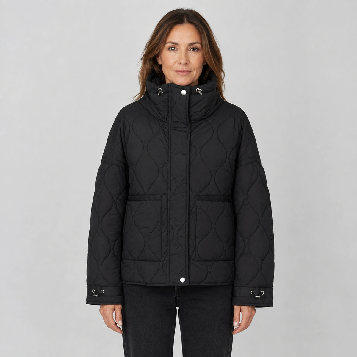 quilted jacket — Black drawstring high neck quilted coat front view on a model — view 8