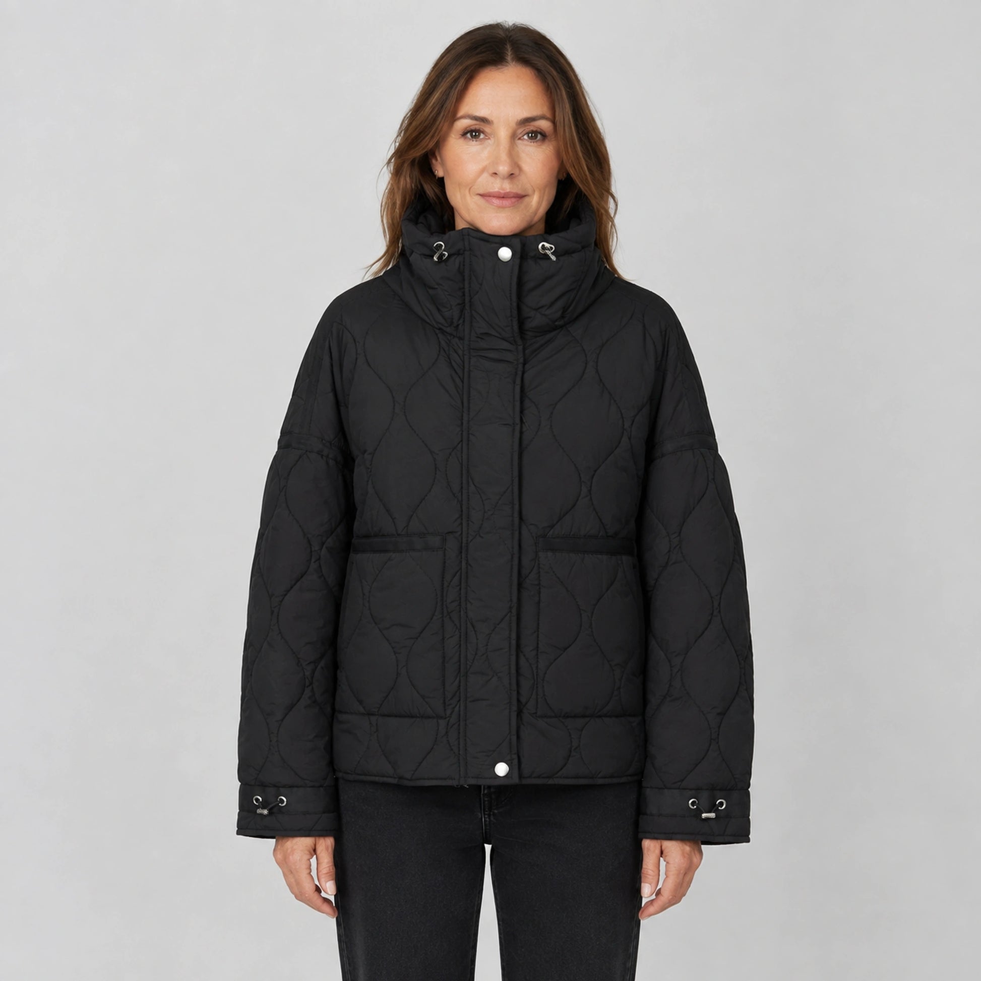 quilted jacket — Black drawstring high neck quilted coat front view on a model — view 8