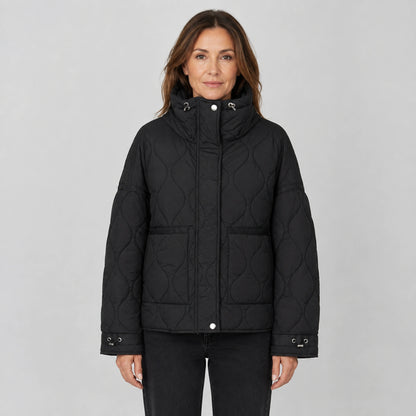 quilted jacket — Black drawstring high neck quilted coat front view on a model — view 8