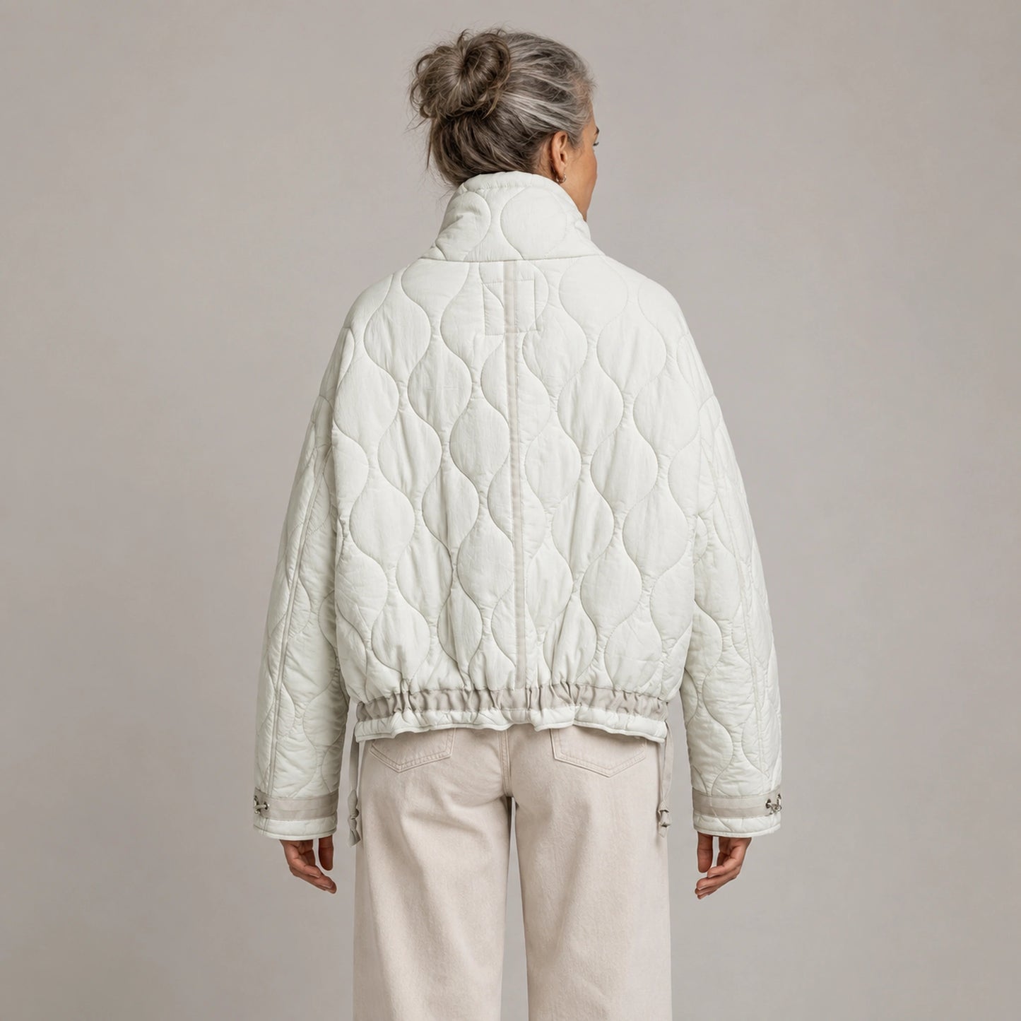 quilted jacket — White drawstring high neck quilted coat direct back view on a model — view 9