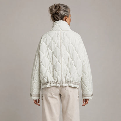 quilted jacket — White drawstring high neck quilted coat direct back view on a model — view 9