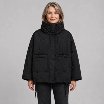 quilted jacket — Black high neck quilted coat front view on a model — view 2