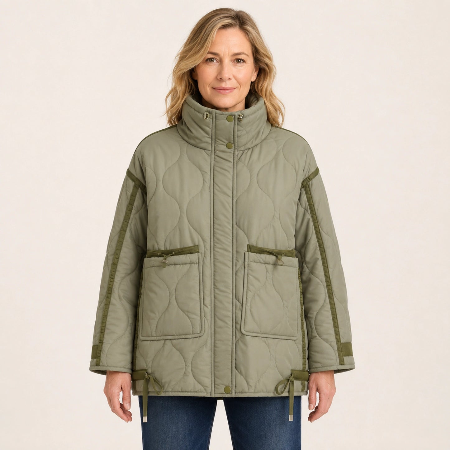 quilted jacket — Army Green high neck quilted coat front view on a model — view 3