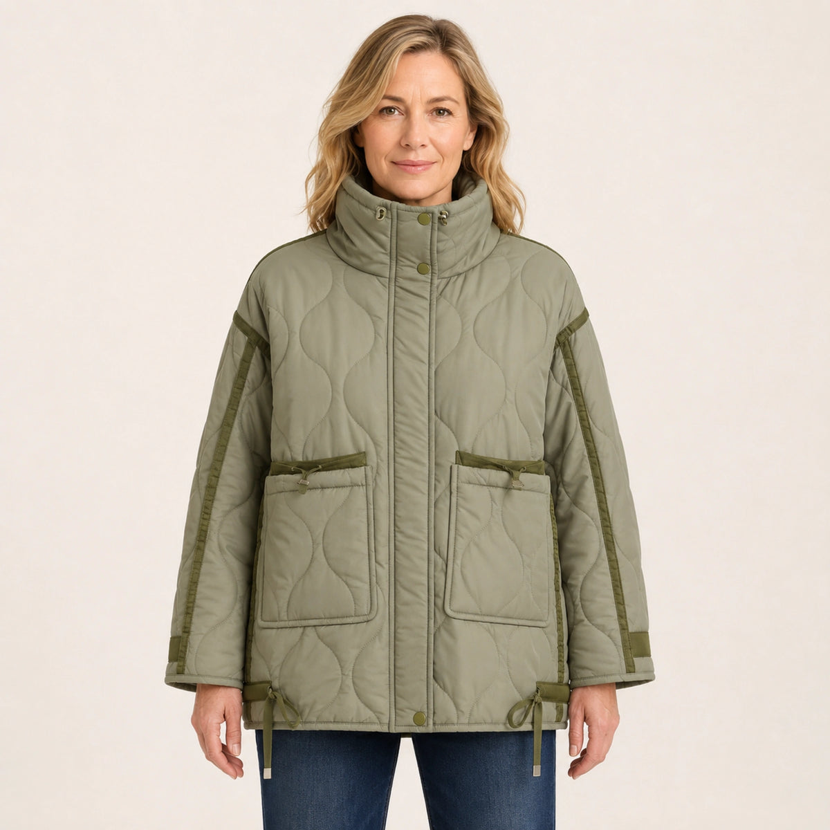 quilted jacket — Army Green high neck quilted coat front view on a model — view 3