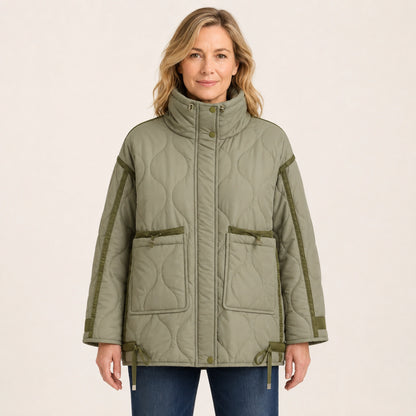 quilted jacket — Army Green high neck quilted coat front view on a model — view 3