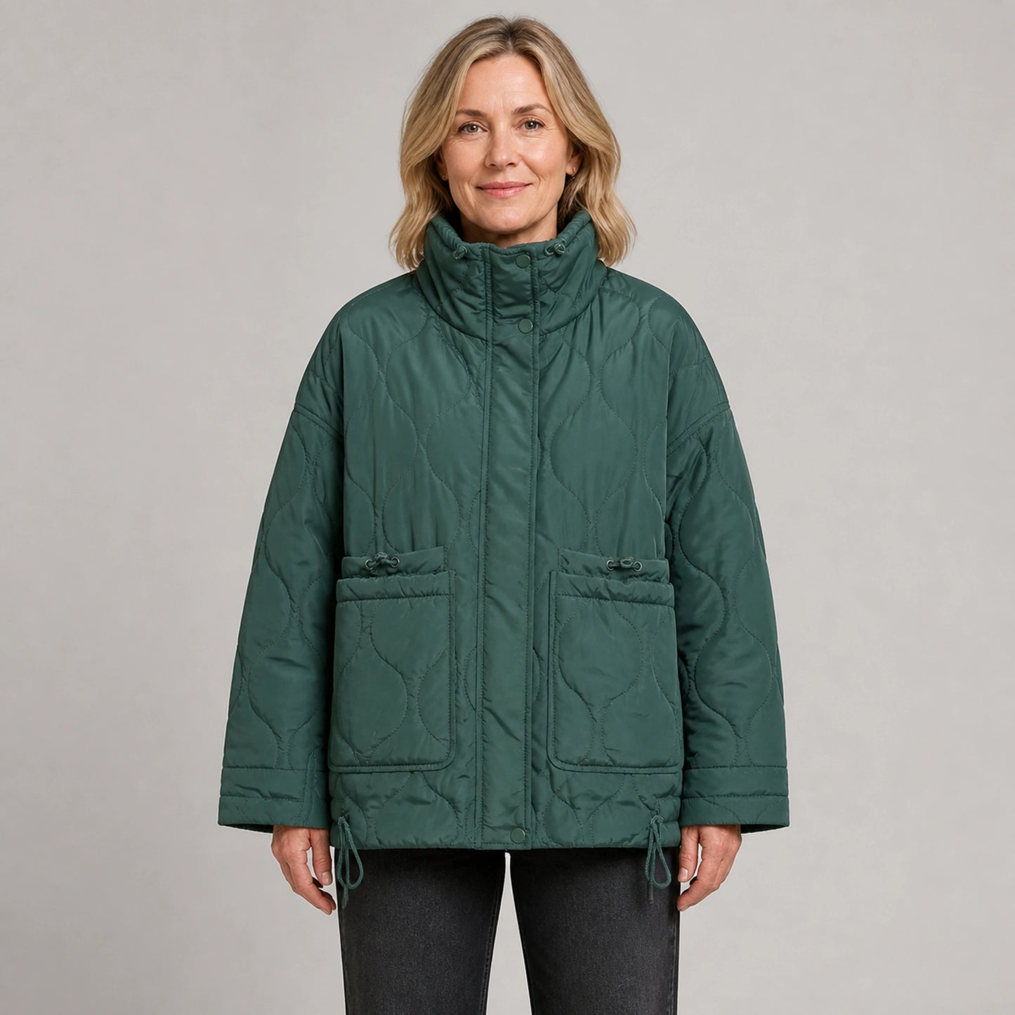 quilted jacket — Green high neck quilted coat front view on a model — view 4