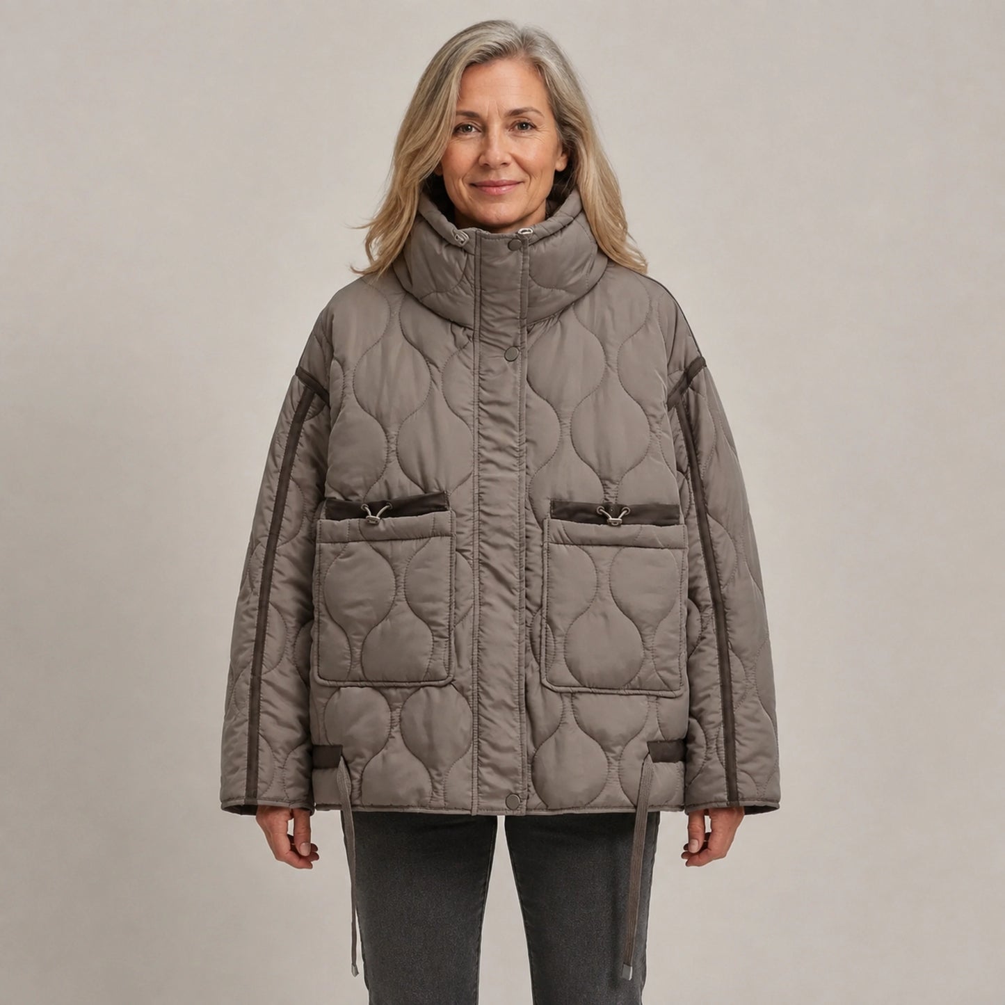 quilted jacket — Brown high neck quilted coat front view on a model — view 5