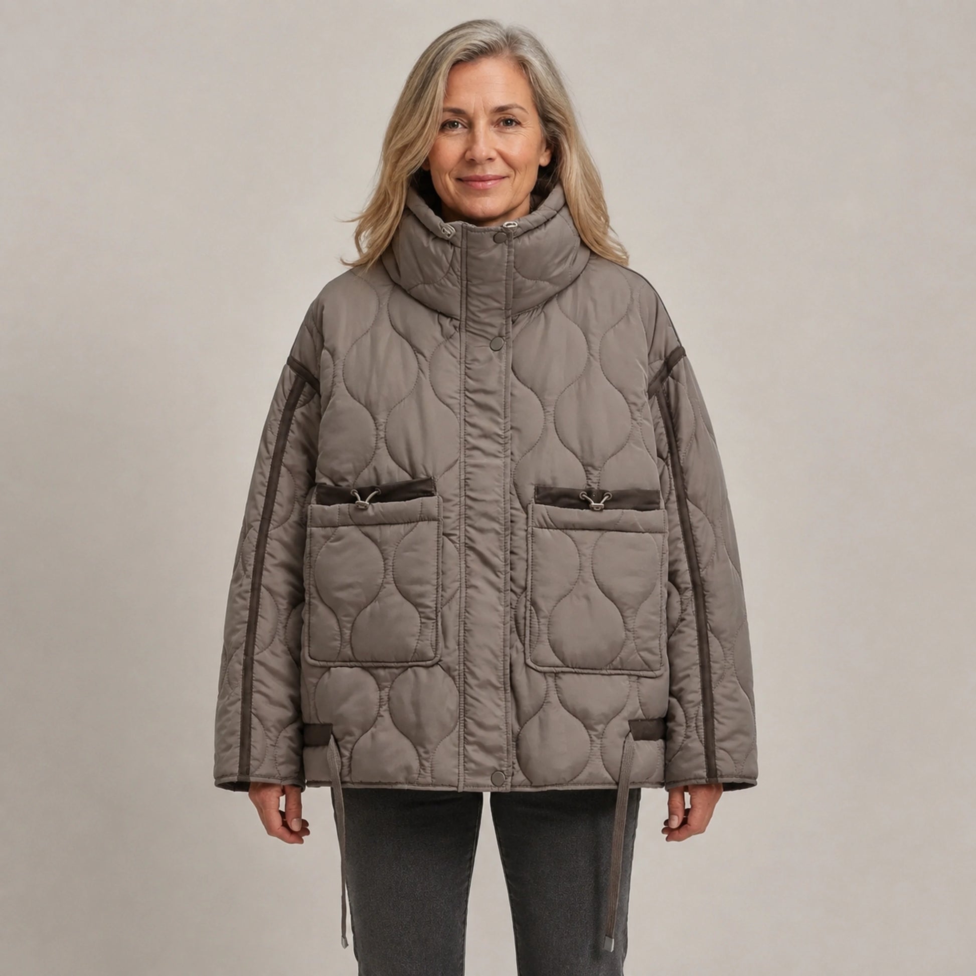 quilted jacket — Brown high neck quilted coat front view on a model — view 5