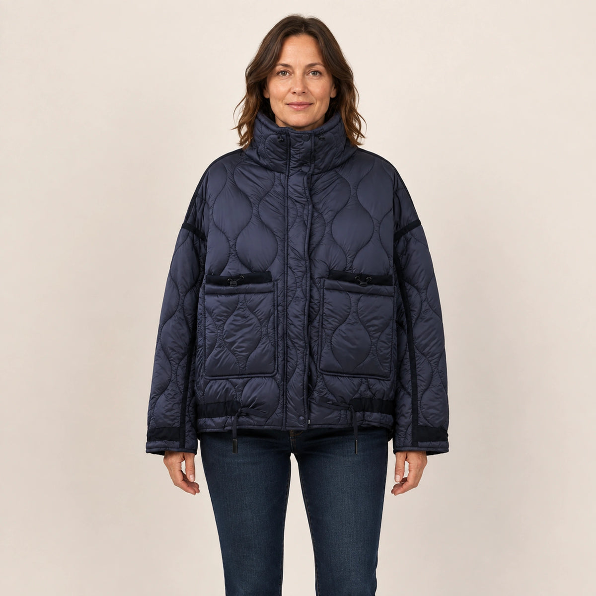 quilted jacket — Navy Blue high neck quilted coat front view on a model — view 6