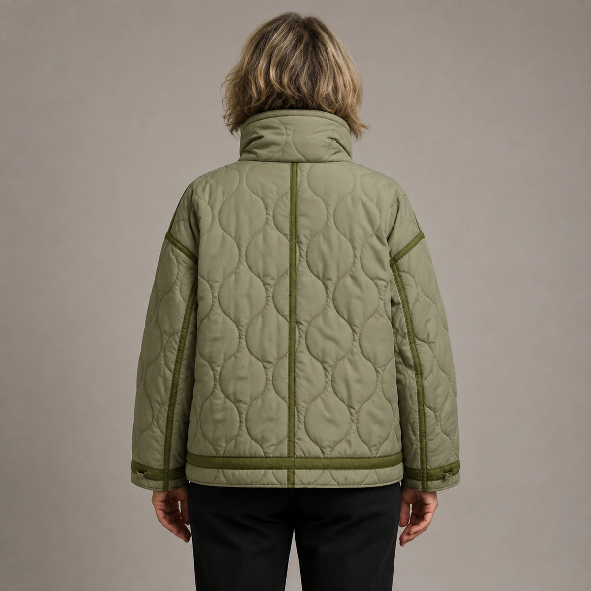 quilted jacket — Army Green high neck quilted coat direct back view on a model — view 7