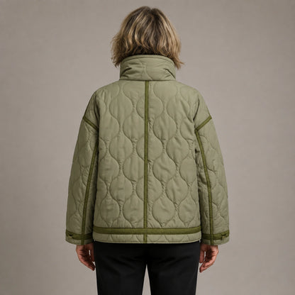 quilted jacket — Army Green high neck quilted coat direct back view on a model — view 7