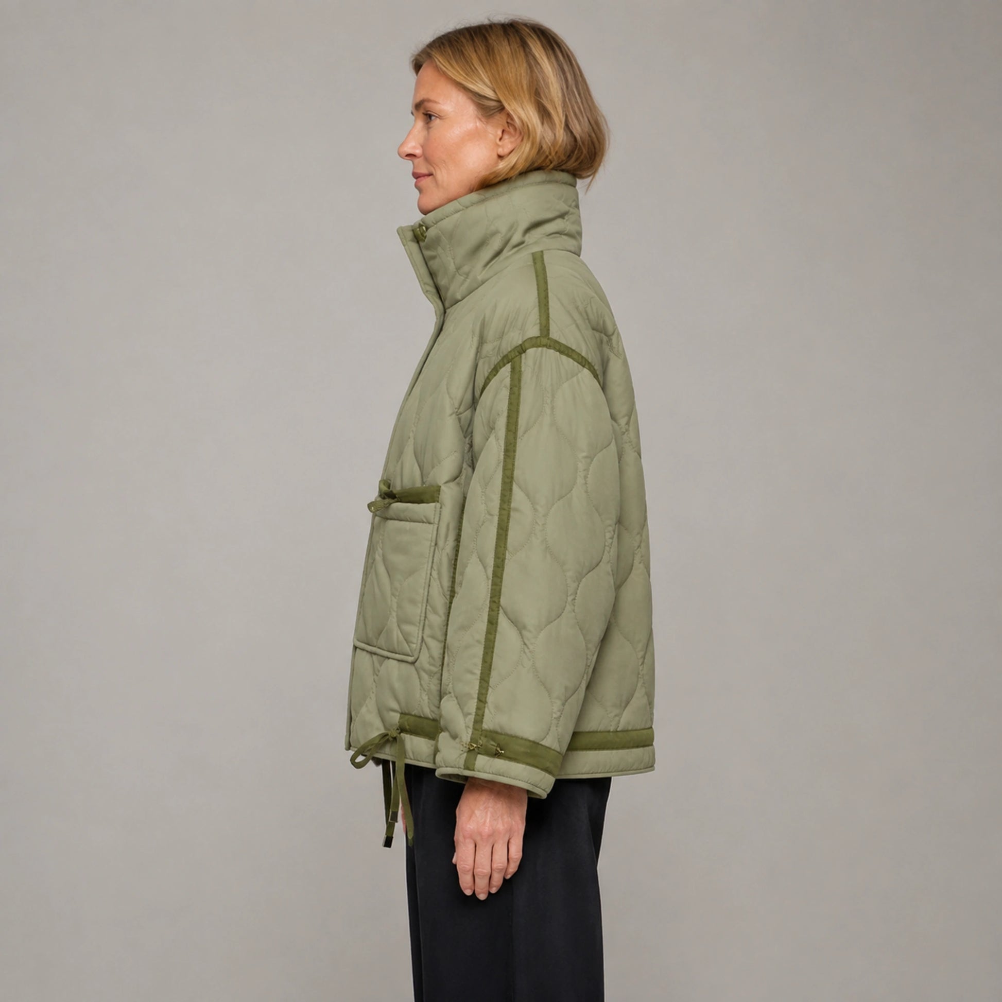 quilted jacket — Army Green high neck quilted coat true side view on a model — view 8