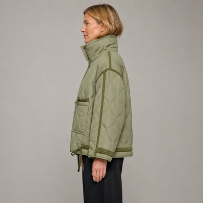 quilted jacket — Army Green high neck quilted coat true side view on a model — view 8