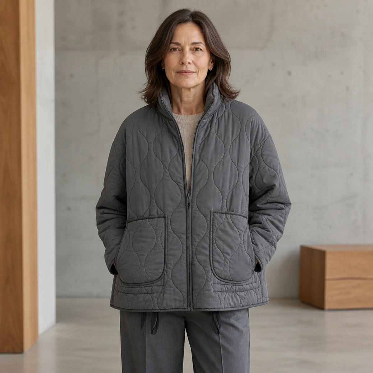 Sophia dark grey high collar quilted jacket front view