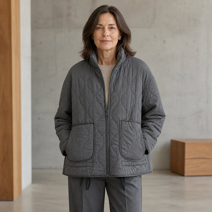 Sophia dark grey high collar quilted jacket front view