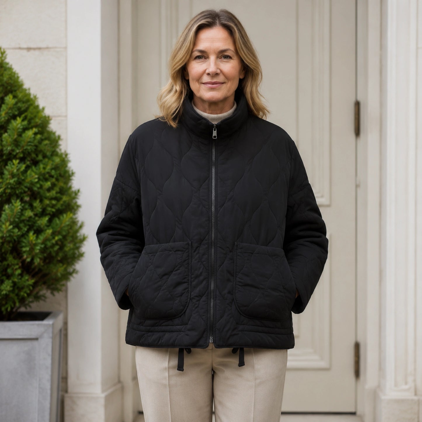 Sophia black high collar quilted jacket front view — view 3