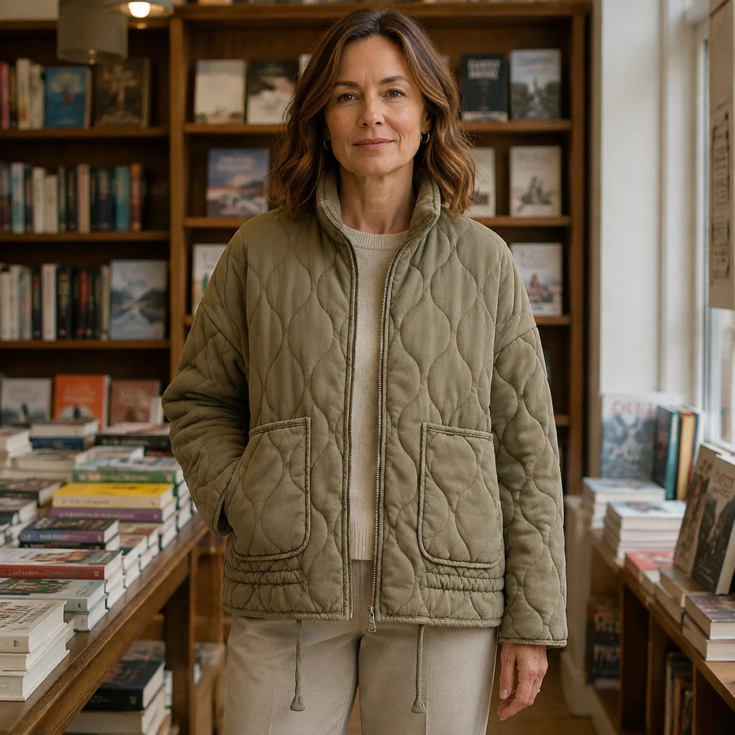 Sophia army green high collar quilted jacket front view — view 4