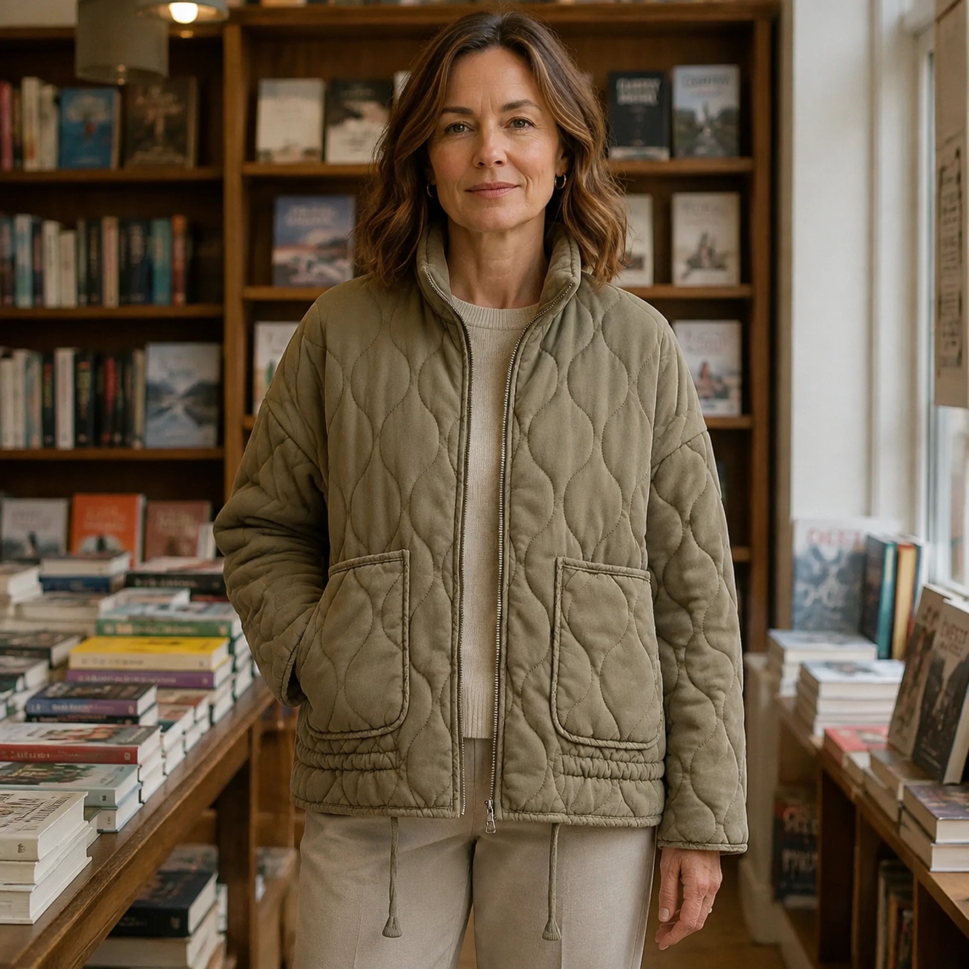 Sophia army green high collar quilted jacket front view — view 4