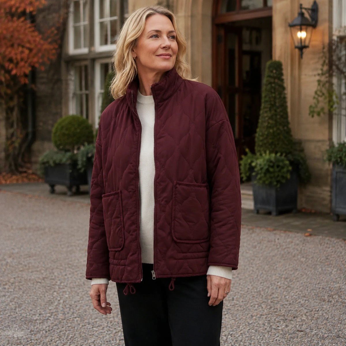 Sophia burgundy quilted jacket three quarter side view — view 6