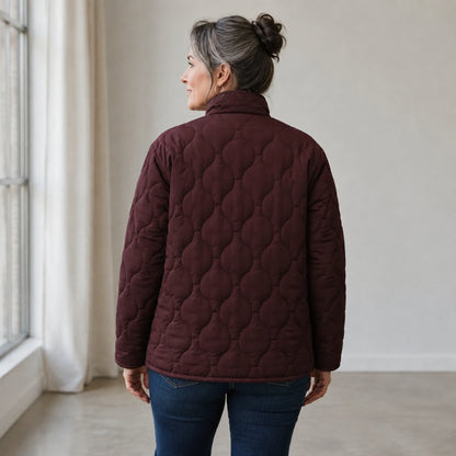 Sophia burgundy quilted jacket direct back view worn by model — view 7