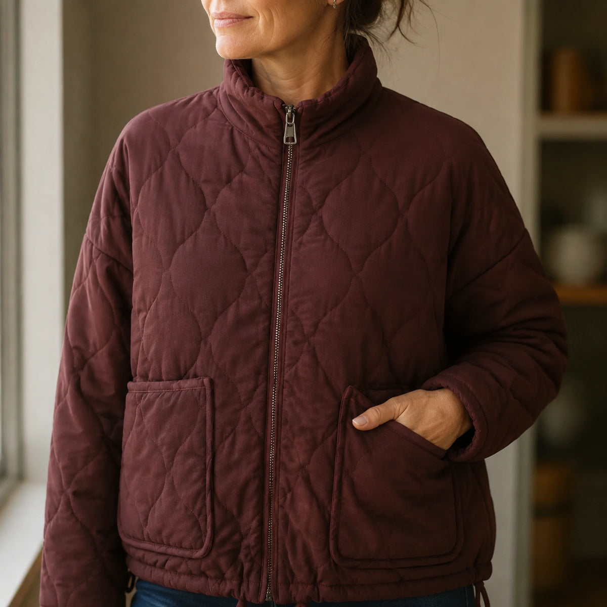 quilted jacket — Sophia burgundy jacket collar zipper quilting and pocket detail — view 8