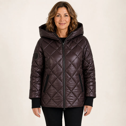 Coffee hooded casual quilted jacket front view on a model