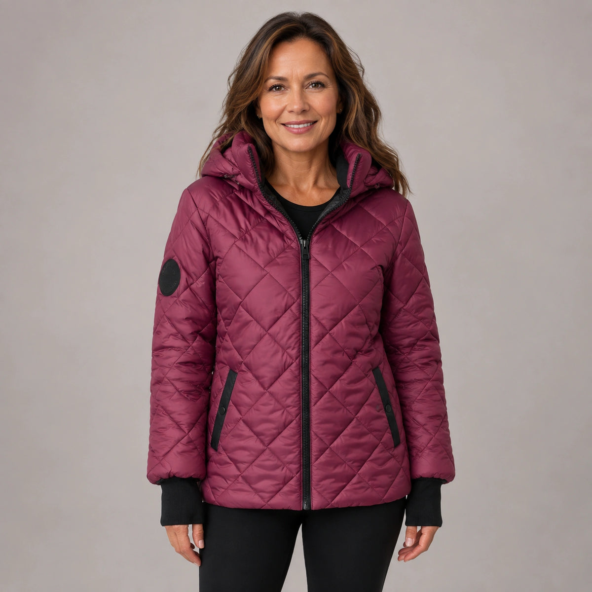 Rose Red hooded casual quilted jacket front view on a model — view 2