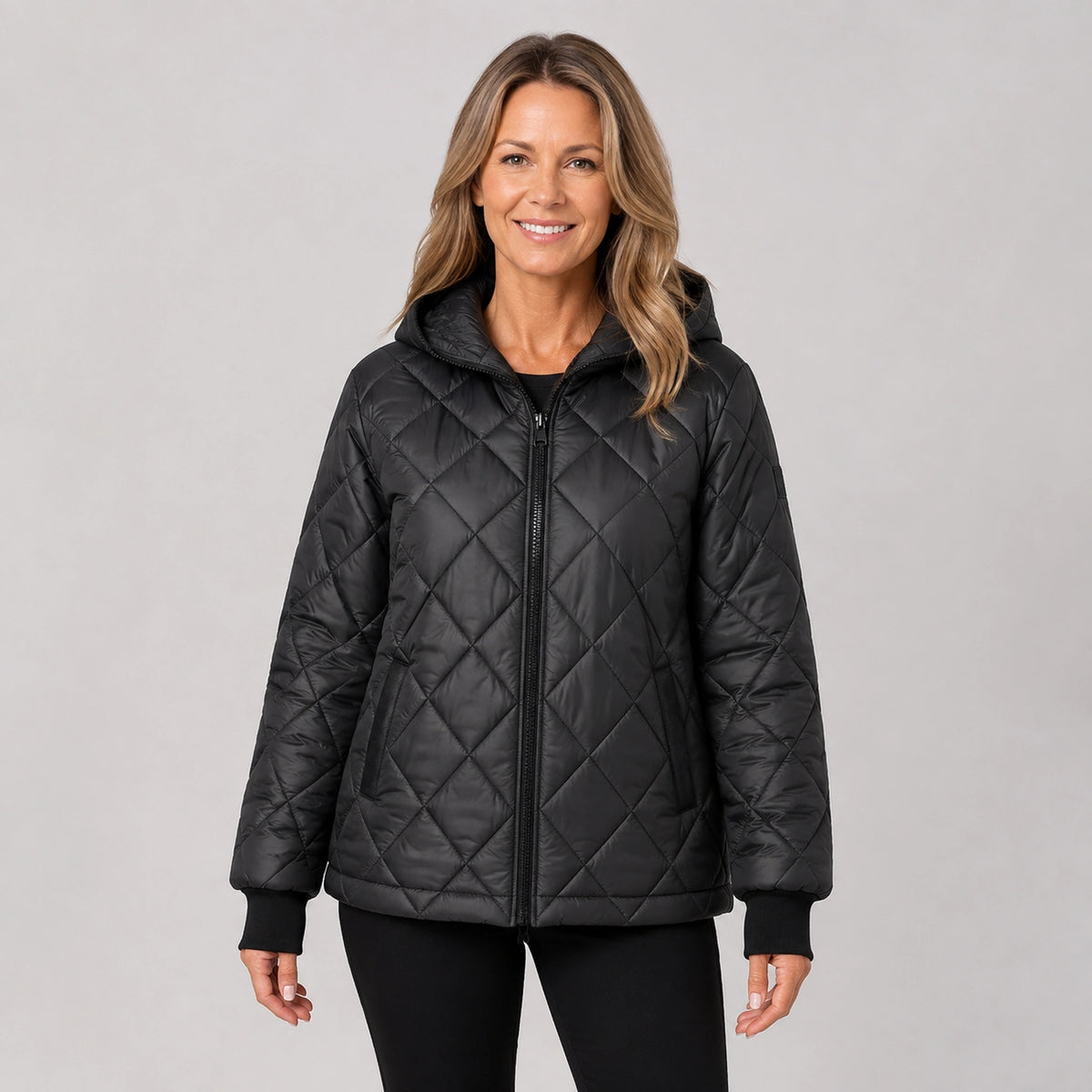 Black hooded casual quilted jacket front view on a model — view 3