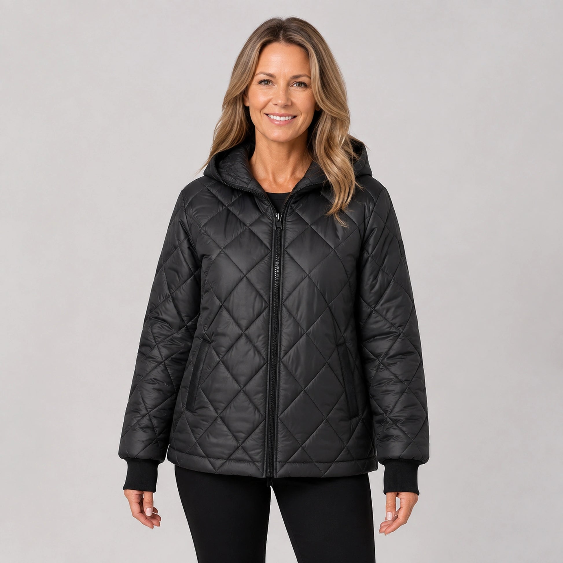 Black hooded casual quilted jacket front view on a model — view 3