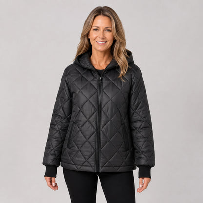 Black hooded casual quilted jacket front view on a model — view 3