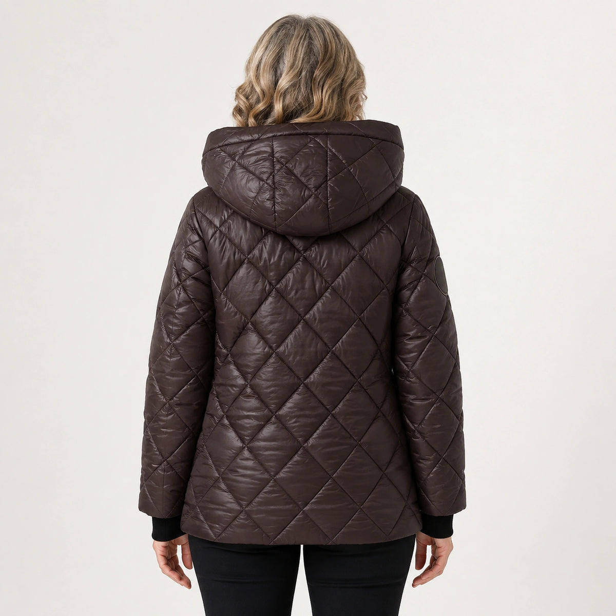 Coffee hooded casual quilted jacket direct back view on a model — view 4