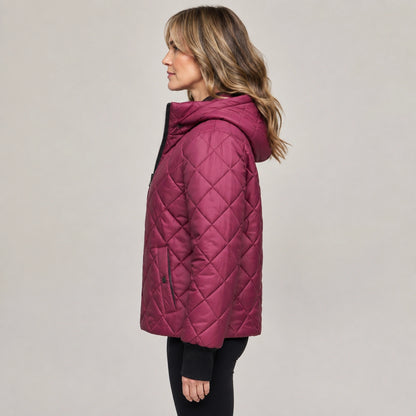 Rose Red hooded casual quilted jacket true side view on a model — view 5