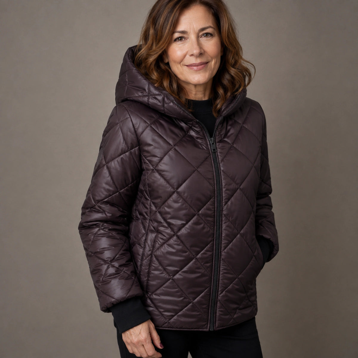 Coffee quilted jacket cuff and construction detail on a model — view 6