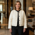 quilted jacket — Violet beige scallop quilted crewneck jacket complete front view
