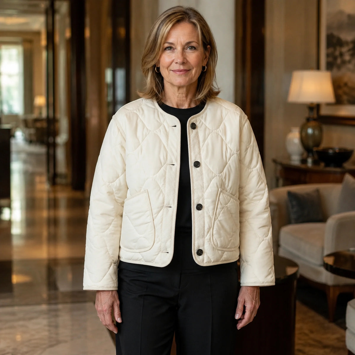 quilted jacket — Violet beige scallop quilted crewneck jacket complete front view