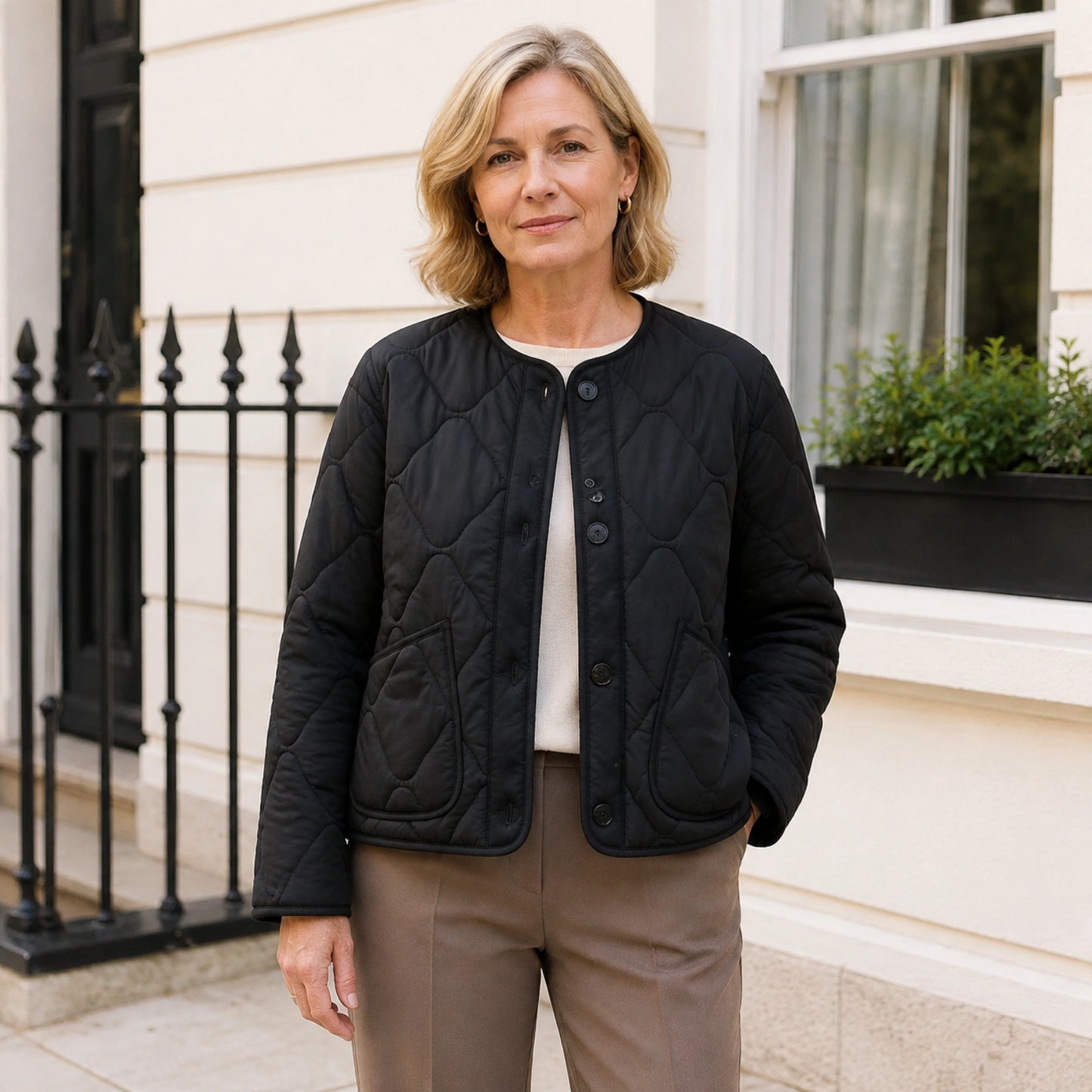 Violet black scallop quilted jacket complete front view — view 2