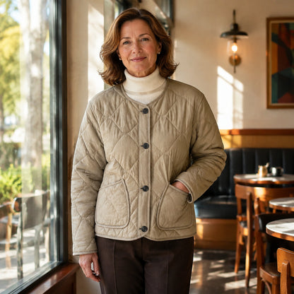 Violet khaki quilted jacket complete front view — view 3