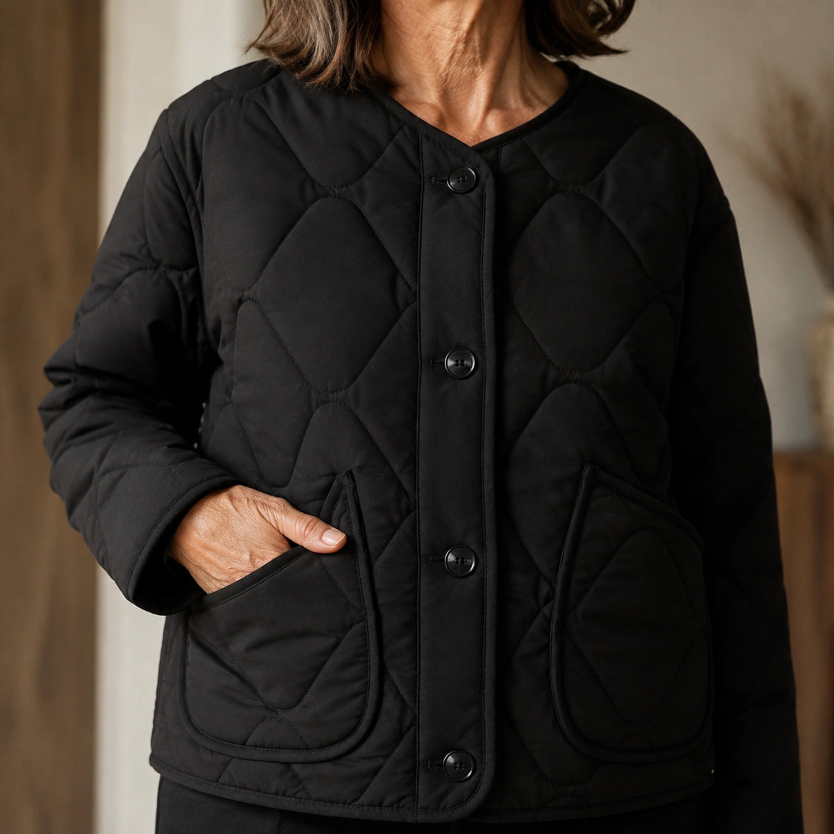 Violet black quilted jacket button quilting and pocket detail — view 5