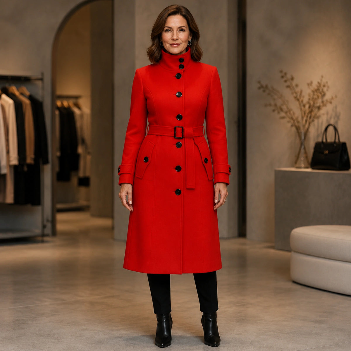 Amelia high collar belted red coat complete front view