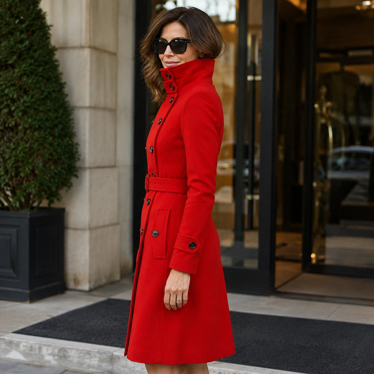 Amelia red coat three quarter side view — view 2