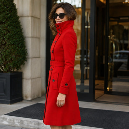 Amelia red coat three quarter side view — view 2