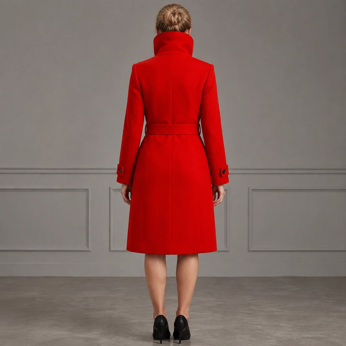 Amelia belted red coat direct back view — view 3