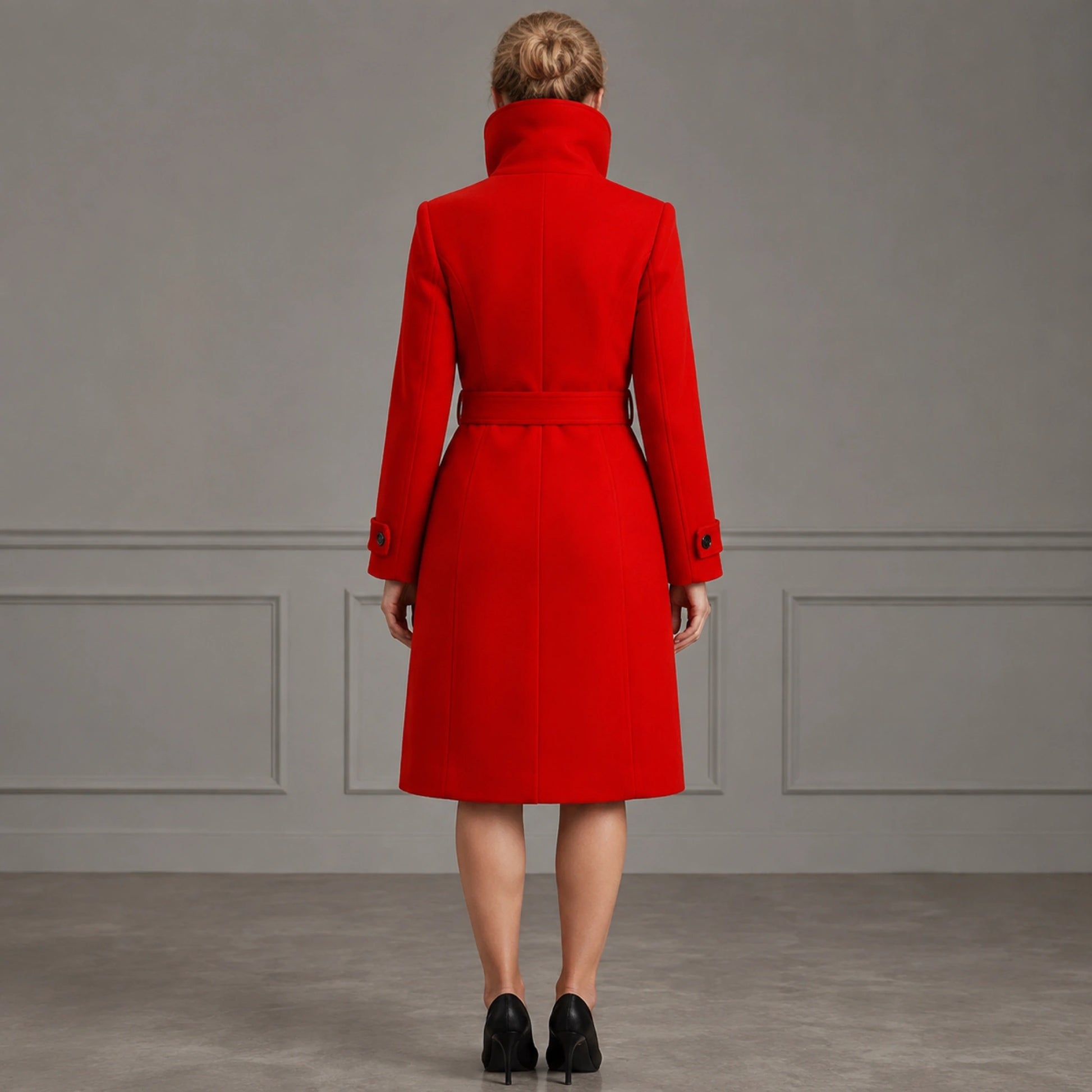 Amelia belted red coat direct back view — view 3